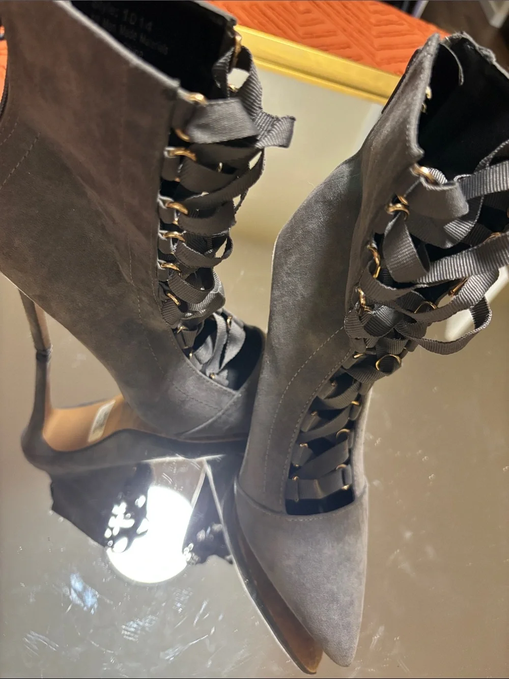 Windsor Gray Suede Lace-Up Pointed-Toe High Heel Boots - Picture 4 of 4